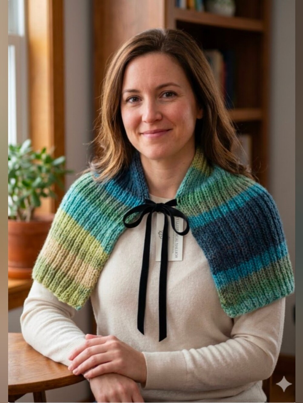 Handmade Knitted Scarf Cape in Blue and Green Tones 2 Black Velvet Ribbons